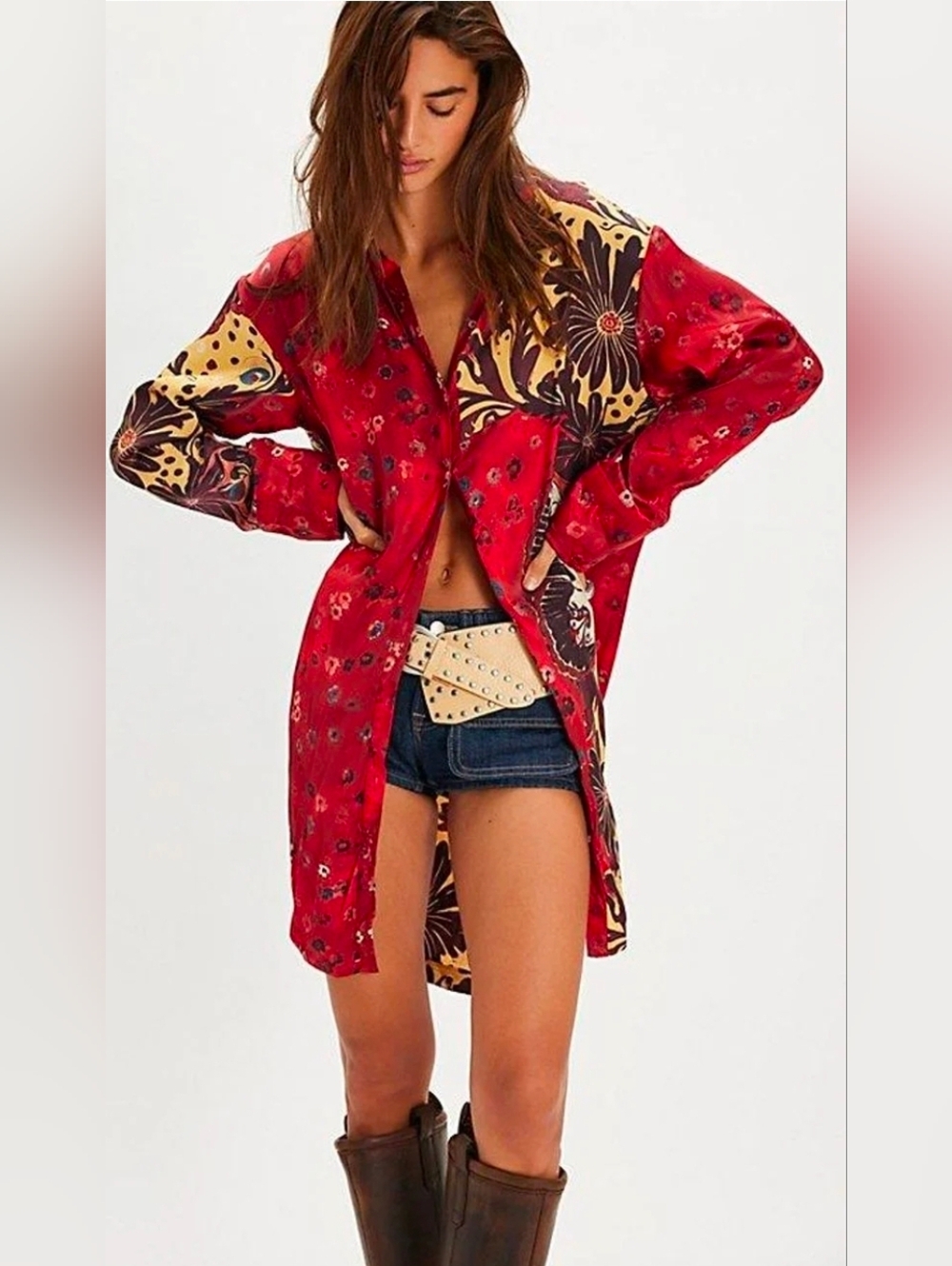 Free People Floral Butterfly Oversized Boho Button-Down Tunic - Picture 2 of 4